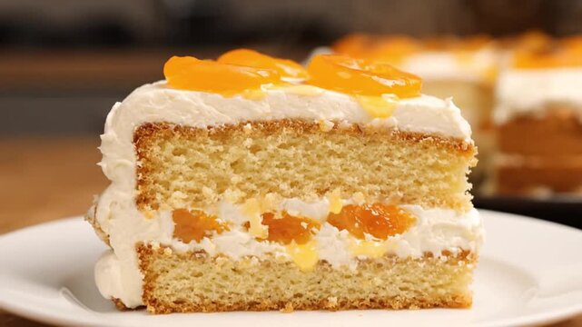 Slice of layered sponge cake with whipped cream and orange fruit pieces served on a white plate, decorated with cream and fruit topping, with the rest of the round cake visible in the background