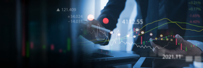 Stock market analysis, business, finance and investment concept. Businessman analyzing and...