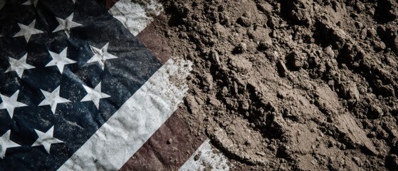 National flag partially buried under dry soil representing international relations and geopolitical conflict or environmental impact with copy space on the ground