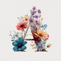 Minimal and delicate illustration of the letter A with flowers. Vibrant yet soft colors create a light and harmonious design suitable for children
