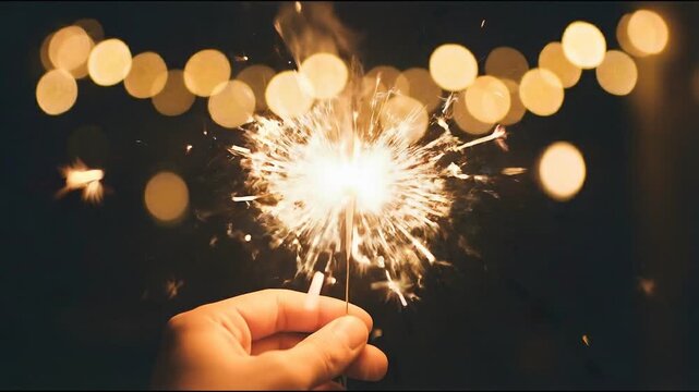 Joyful hand holding bright sparkler during festive celebration with magical light and beautiful bokeh background for an authentic local tradition