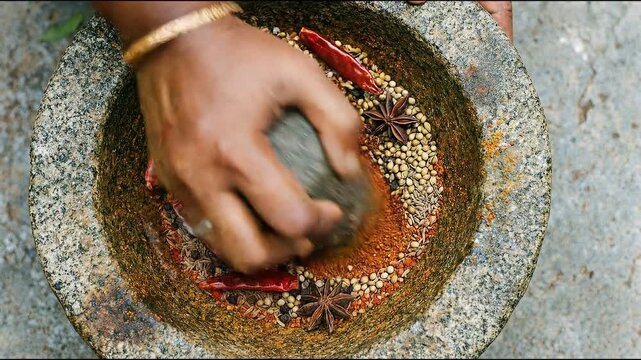 Traditional hand grinding of fresh spice in stone mortar, an authentic local cooking method for flavorful homemade aromatic masala preparation