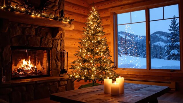 Christmas tree glowing next to a stone fireplace in a cozy log cabin with candles and a snowy mountain view at night