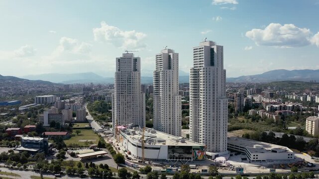 Aerial view of urban skyscraper construction site