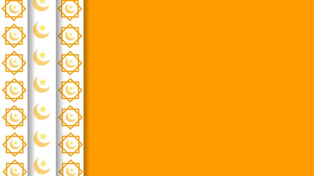 ramadan pattern background, Bright orange with decorative white and grey vertical borders featuring a golden Islamic crescent and star pattern animation.