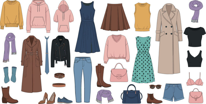 Large fashion apparel and accessories collection including trench coats leather jackets dresses sweaters jeans and stylish handbags vector illustration.