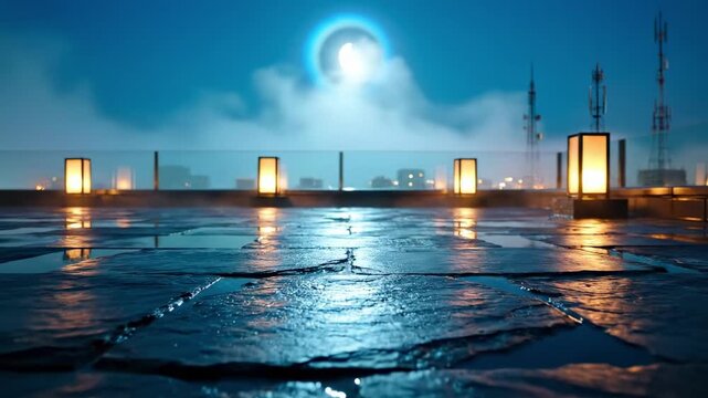 A tranquil rooftop scene at night, illuminated by glowing lanterns on stone tiles, beneath a misty sky with a luminous full moon casting serene reflections