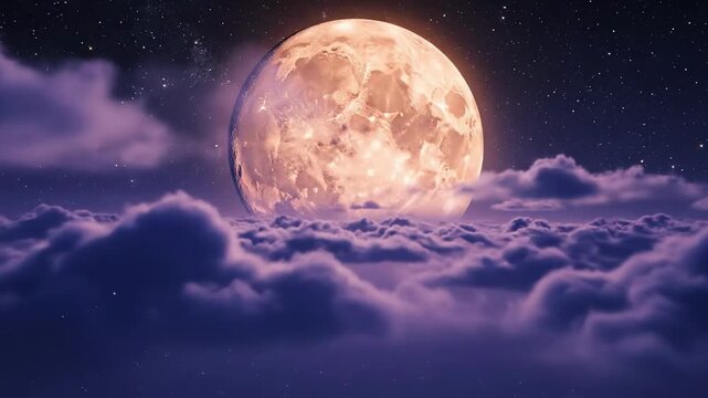 A large, luminous full moon rises majestically above a sea of fluffy, ethereal clouds, casting a soft glow and illuminating the night sky filled with distant stars and cosmic wonders