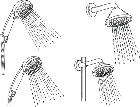 Bathroom Shower Head Line Illustration Set with Handheld and Wall Mounted Water Spray Fixtures for Plumbing Interior and Hygiene Designs