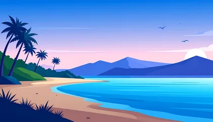 Poster Purper Tropical beach paradise with palm trees clear blue water sunset mountains landscape  © Evi