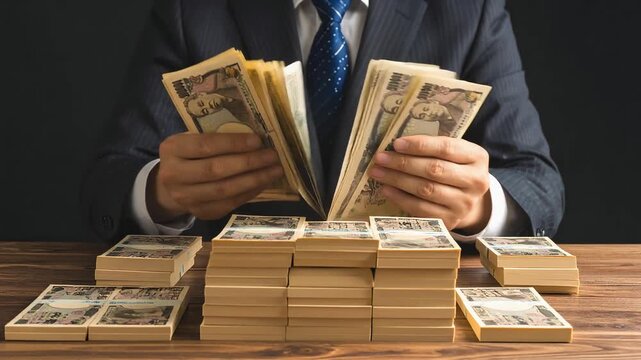 机の上で札束を数えるスーツ姿の男性が金銭管理と成功を象徴する場面