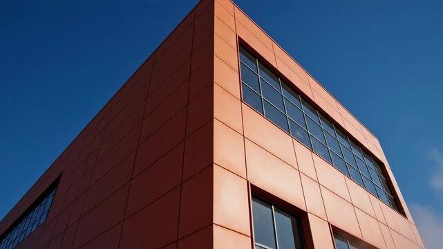 A modern architectural structure featuring orange metal cladding and large glass windows reflects the sky, highlighting geometric lines and a contemporary design amidst a clear blue backdrop