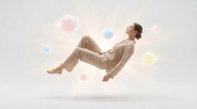 Zero Gravity Woman Sleeps Among Pastel Orbs