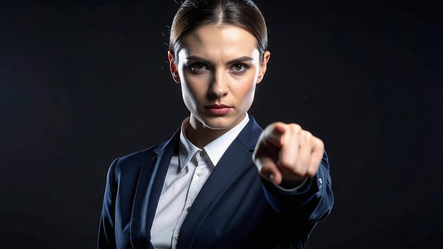 暗背景でこちらを指差すスーツ姿の女性が強い意思と指示を示す人物表現