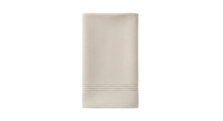 清潔感のあるオフホワイトのタオルが、下部に繊細な横方向のステッチ模様を施され、透明な背景に孤立して配置されたスタジオ撮影写真。
