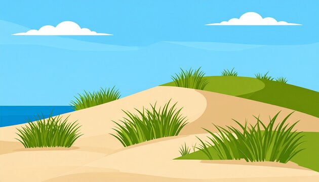 Tropical sandy beach with green grass dunes and clear blue sky ocean view