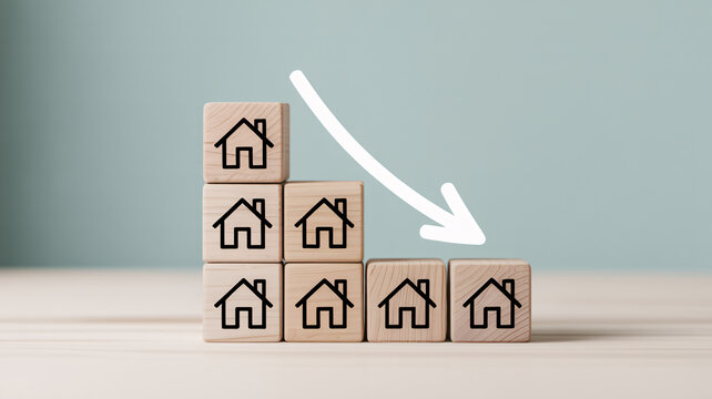 Wooden blocks with house icons stacked in a declining pattern