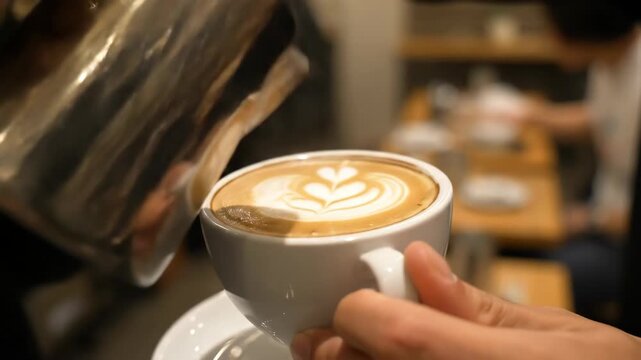 Expert Barista Skillfully Pouring Steamed Milk for Latte Art Creation.