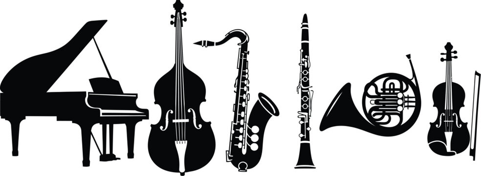 Musical instruments grand piano, double bass, saxophone, clarinet, French horn, and violin. 