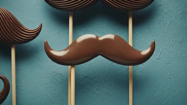 Chocolate Mustache Props on Sticks Against Blue Background.