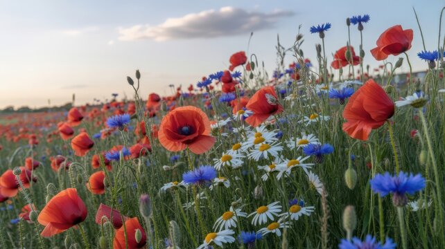 A vibrant field of wildflowers including poppies cornflowers and daisies under a cloudy sky high quality
