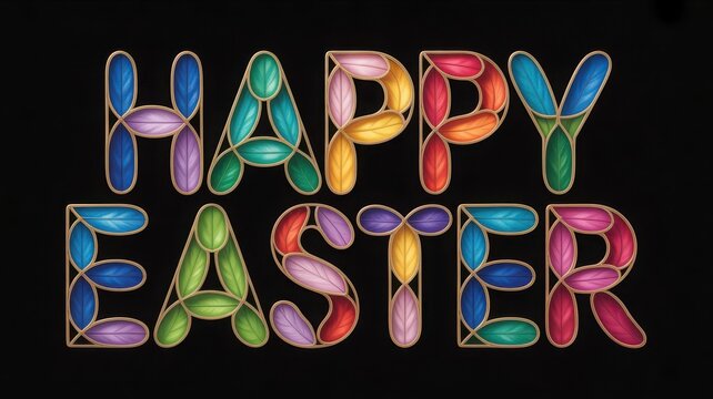 A colorful stained glass style illustration displays the words happy easter against a black background