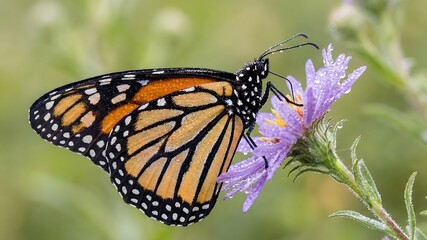 Obraz premium Macro shot of beautiful Monarch butterfly with morning dew drops resting on purple Aster flower in garden, Nature and wildlife conservation concept, Generative AI