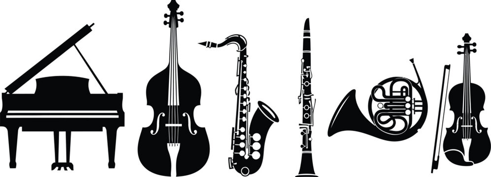 Musical instruments grand piano, double bass, saxophone, clarinet, French horn, and violin. 