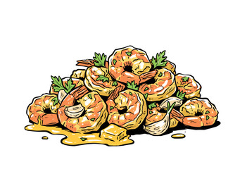 Seafood t shirt design. Shrimp prawn artwork. Garlic butter sauce shrimp illustration. Original vintage sea food graphic. Shrimp artwork for poster, b © panji
