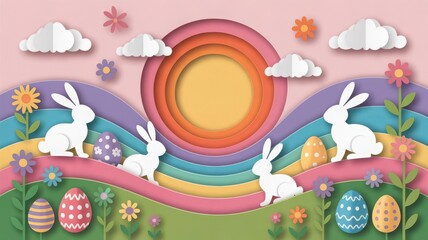 Fototapeta premium A colorful papercraft easter scene featuring rabbits eggs flowers and a radiant sun high quality professional