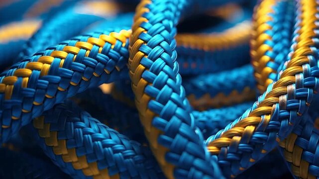 In a crafting space, hands work to braid blue and yellow ropes together. The focus is on the texture and design of the ropes as they are interwoven.