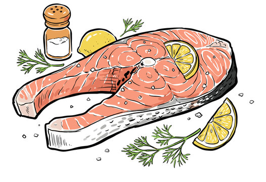 Raw salmon steak artwork illustration. Seafood gourmet vintage design. Fish steak with lemon and dill sketch. Healthy keto diet food graphic print. Ar