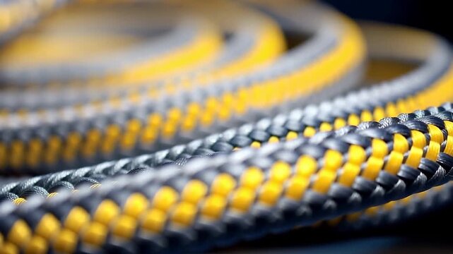 The video shows yellow and black braided rope from various angles. Viewers can see the texture and pattern in detail. The focus shifts through different sections.