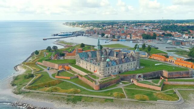 Helsingor, Denmark. A 16th-century castle with a banquet hall and royal chambers. The prototype of Elsinore Castle in the play Hamlet. Drone footage, Point of interest, Point of interest
