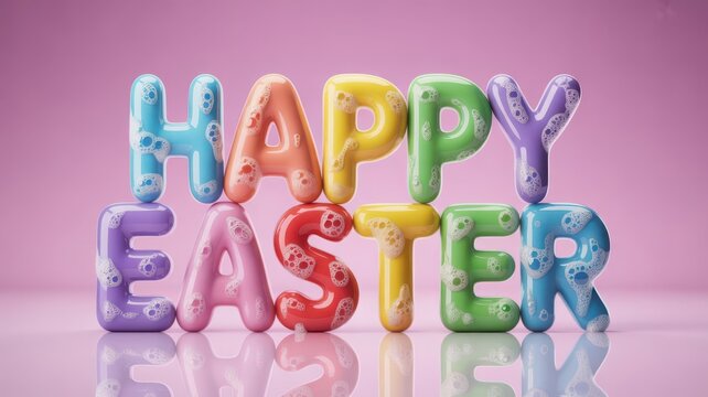 Colorful 3d rendered happy easter lettering displayed against a soft pink background high quality professional detailed