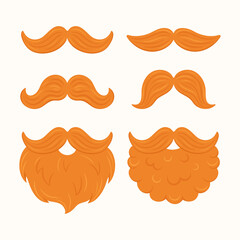 St. Patrick's Day vector set of ginger leprechaun mustaches and beards. Collection of orange facial hair styles for Irish holiday costumes, party photo booth props and festive character design. © Mila