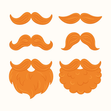 St. Patrick's Day vector set of ginger leprechaun mustaches and beards. Collection of orange facial hair styles for Irish holiday costumes, party photo booth props and festive character design.