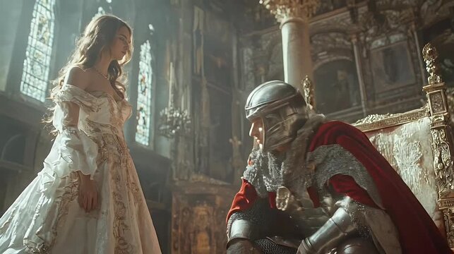 A noble princess in an ornate white gown stands near a knight on a throne inside a historical castle with regal lighting and details