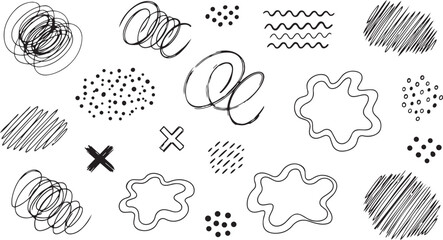 set of hand drawn scribbles doodles and abstract pencil strokes including swirls wavy lines and hatch textures for graphic design accents