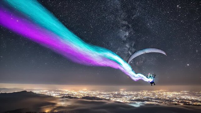 Night Paragliding Over City Under Milky Way Stars with Light Trails