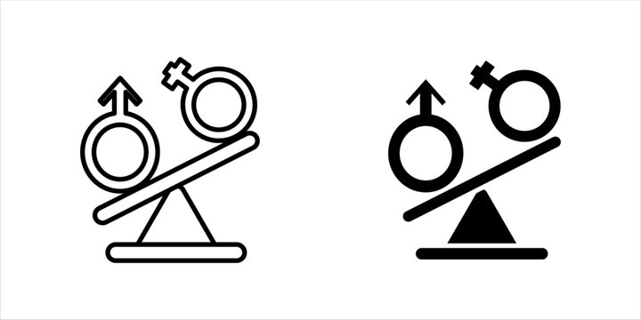 Minimal outline icon set. showing gender symbols on a balance scale representing gender equality, fairness, diversity, and social justice.