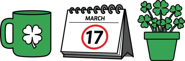 Festive St. Patrick's Day celebration elements illustration featuring a calendar, clover mug, and potted plant, isolated on black.