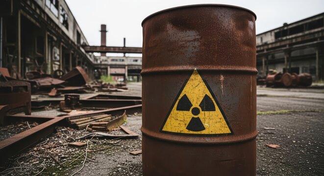 Rusty barrel with radioactive symbol in abandoned industrial zone shows hazards of environmental contamination
