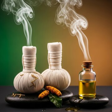Steaming traditional herbal compress balls and essential massage oil prepared for therapeutic spa relaxation treatment and deep muscle release, compress, essential, natural