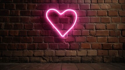 Pink Neon Heart Sign Against Rustic Brick Wall Background