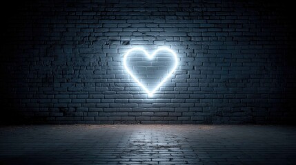 Neon Heart Light Against Dark Brick Wall in Urban Environment