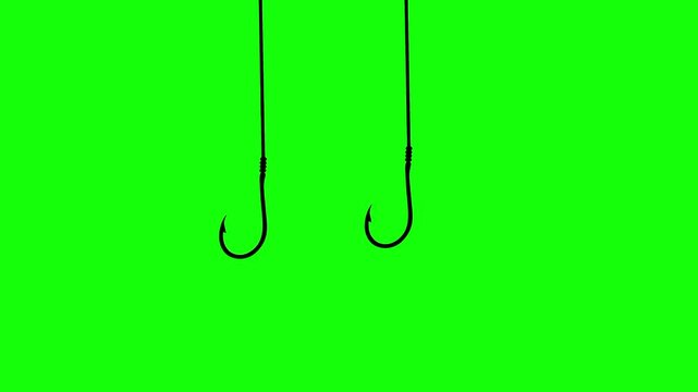 Cartoon animation of a fishing hook being lowered into the water to catch a fish. The fishing hook moves against a green screen background.