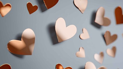 Floating Rose Gold Hearts on Soft Grey Background for Romance Theme
