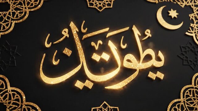 Golden Arabic Calligraphy with Crescent Moon on Black Background