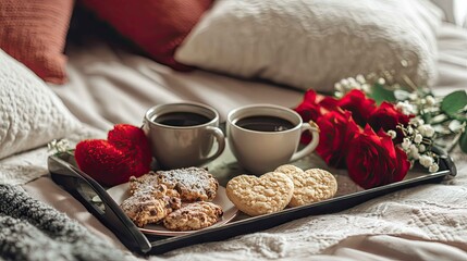 Romantic Breakfast in Bed with Coffee, Cookies, and Red Roses